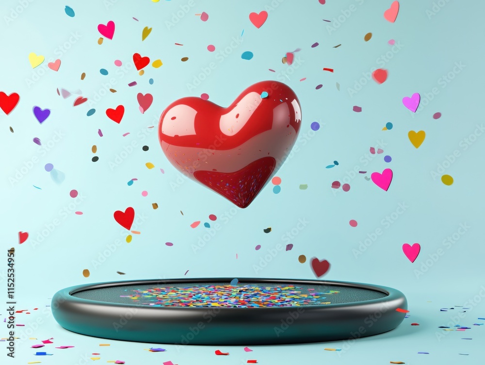 Poster vibrant heart surrounded by colorful confetti on a bright background