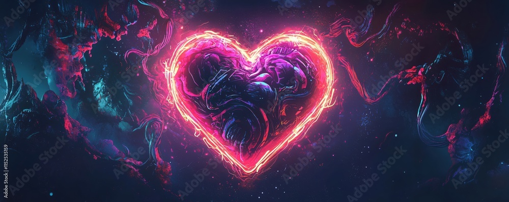 Aufkleber colorful neon heart with abstract elements on a dark background for creative projects