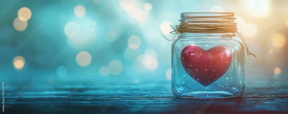 Poster heart in glass jar with sparkling lights and soft blue background