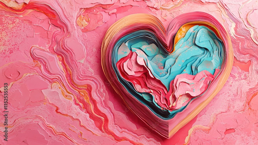 Poster colorful heart made from layered paper art with abstract background