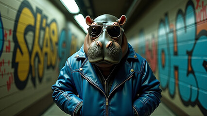 Funny and cool anthropomorphic hippo with blue leather jacket and sunglasses