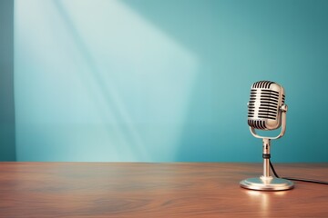 old vintage micrphone on table and blue background banner