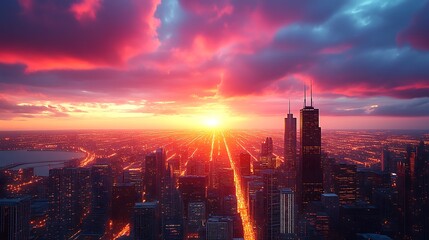 Fototapeta premium Vibrant Sunset Over Illuminated Cityscape Skyline