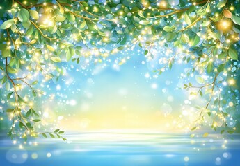 Obraz premium Magical Summer Branches with Glowing Lights and Sparkling Water Background