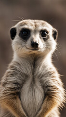 Portrait of a meerkat standing upright and looking alert isolated on white background vertical
