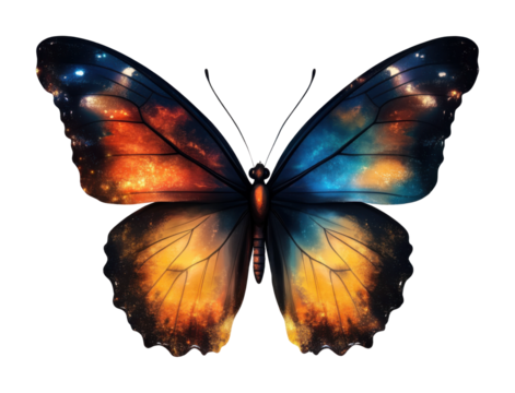 Colorful butterfly illustration with vibrant rainbow wings, detailed artistic insect design, nature-inspired symbol of beauty and freedom, isolated on transparent background