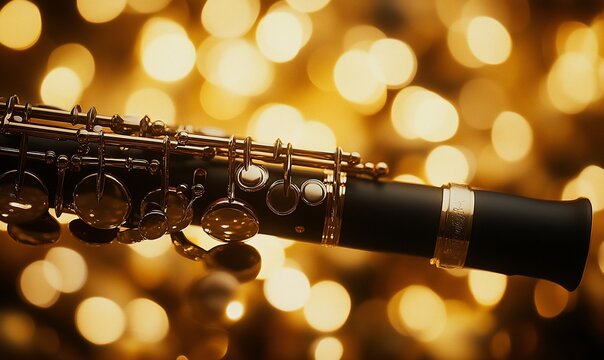 Close-up of a black clarinet against a bokeh background.