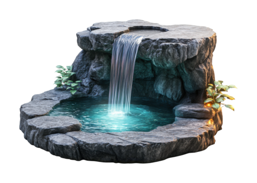 Magical glowing waterfall surrounded by lush greenery, pouring into illuminated pool of water, serene nature scene, fantasy-inspired design isolated on transparent background.