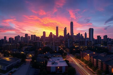 Obraz premium City skyline at colorful sunset, lights trails.