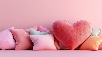 Obraz premium Heart-shaped Cushion Surrounded by Soft Pink and Pastel Throw Pillows on a Pink Background