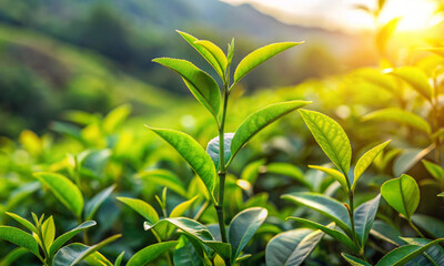 A tea bush with young fresh leaves illuminated by the rays of the rising sun
