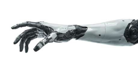 Silver robotic hand with sleek cybernetic design, advanced AI mechanical arm for futuristic science, robotics, and technology isolated on transparent background