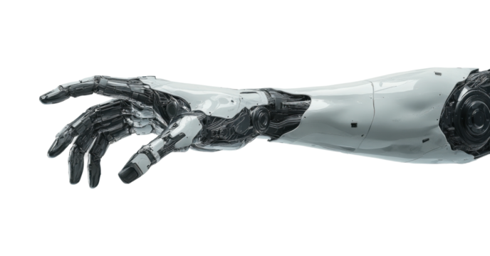 Silver robotic hand with sleek cybernetic design, advanced AI mechanical arm for futuristic science, robotics, and technology isolated on transparent background
