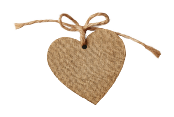 Heart shaped tag made of textured material with twine for creative projects or gifts. Isolated on transparent background, png.