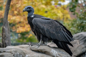 Naklejka premium Black vulture perched on rock, autumn background.