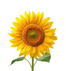Obraz premium Bright yellow sunflower with vibrant petals and green leaves, realistic blooming flower, nature symbol of summer and positivity isolated on transparent background