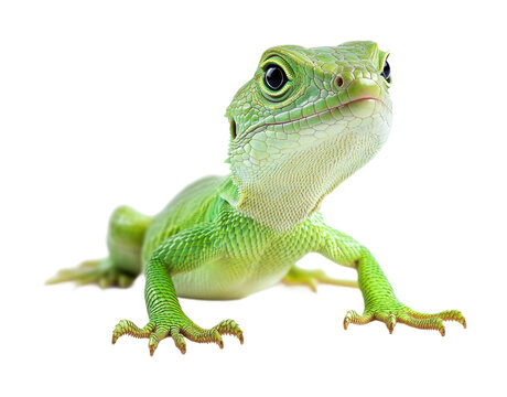 Bright green lizard close-up with textured scales and big curious eyes, exotic reptile in active pose perfect for wildlife photography isolated on transparent background