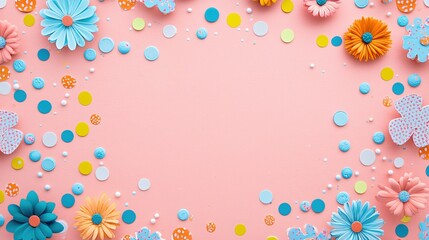 Colorful Floral Arrangement with Circular Confetti on Pink Background