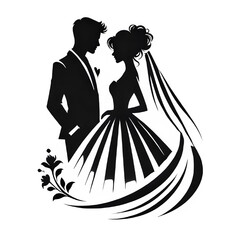 "Elegant Wedding Silhouette: Romantic Bride and Groom with Floral Frame in Minimalist Black and White Design"