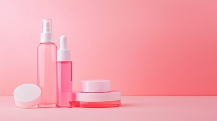 Elegant Collection of Pink Skincare Products on Soft Pink Background for Beauty Display