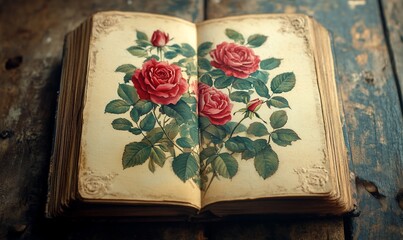 Antique book open to a page with illustrations of roses.