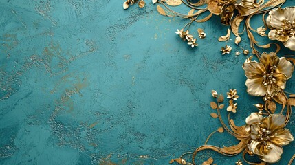 Elegant Floral Gold Embellishments on Turquoise Textured Background for Design Projects