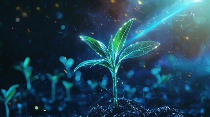 Digital Representation of Growing Plant Seedling with Futuristic Elements and Light