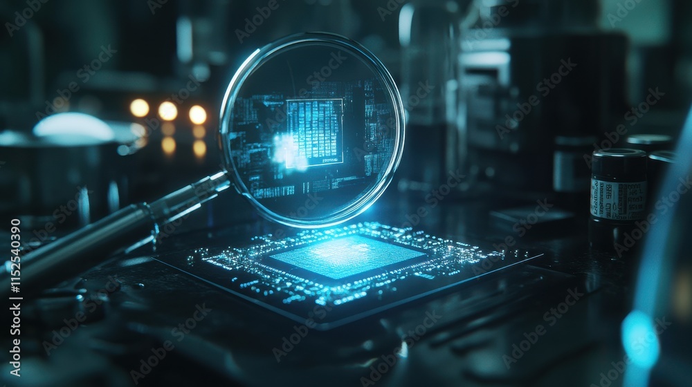 Poster magnifying glass focusing on microchip technology with data display