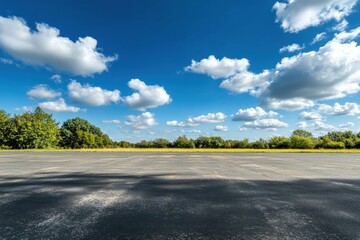 Empty asphalt lot under a vibrant blue sky with fluffy clouds and green trees in the background.