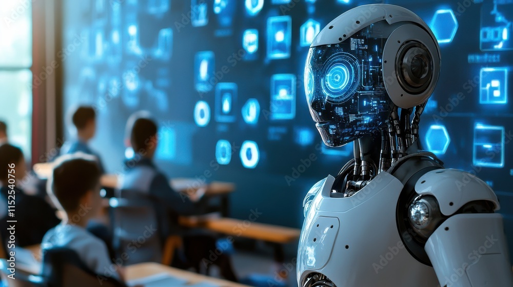 Poster futuristic robot in classroom setting with students engaged in learning
