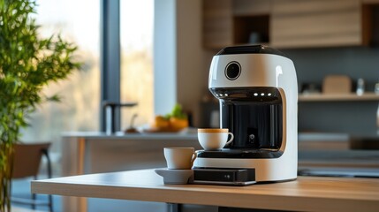 Modern Coffee Maker on Table in Stylish Kitchen with Natural Light