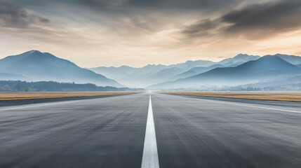 Naklejka premium A scenic view of a runway leading into misty mountains at dawn, creating a tranquil atmosphere.