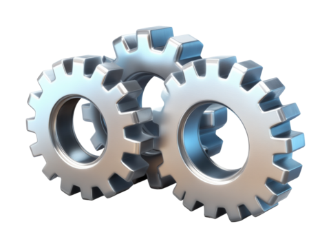 Three shiny silver gears with metallic industrial design, mechanical cogwheels for technology, machinery, or teamwork concepts isolated on transparent background - Powered by Adobe