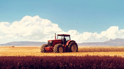 Obraz premium Vibrant Landscape with Tractor Working in Golden Wheat Field