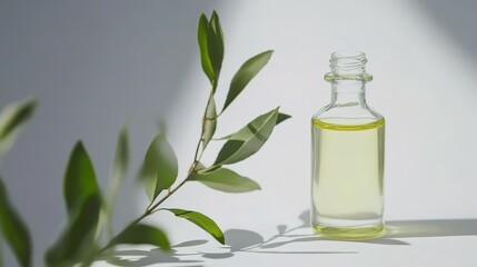 Close-up of a Fresh Tea Tree Branch with a Bottle of Unbranded Tea Tree Essential Oil, Natural and Pure Essence for Skincare and Aromatherapy