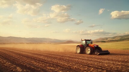 Obraz premium Red Tractor Plowing Field Under Bright Sky with Fluffy Clouds