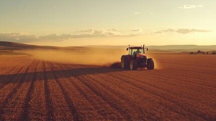 Fototapeta premium Tractor Plowing Sunrise Over Golden Fields Rural Agriculture Scene