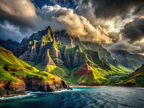 Napali Coast's rugged cliffs and misty mountains clash with a dramatic stormy sky in stunning photography.