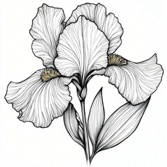 Fototapeta premium Iris flower, drawn with precise black lines and detailed contours, white background.