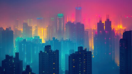 A vibrant urban skyline at night, featuring neon lights illuminating the fog for a futuristic feel.