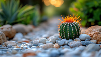 Desert landscape featuring rocks and cacti with a blurred backdrop symbolizing isolation and the harsh beauty of nature in a chaotic yet serene environment