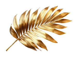 Golden palm leaf with detailed shiny texture, luxurious decorative botanical element, tropical nature art, metallic design, and elegant gold foliage isolated on transparent background