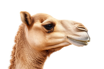 Obraz premium Camel head closeup with detailed fur, expressive eyes, and neutral pose, desert animal portrait, wild and natural creature isolated on transparent background