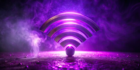 Neon purple backdrop illuminates a surreal, digitally rendered wifi symbol, radiating mystery.