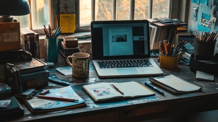 Naklejka premium A cluttered creative desk with an old laptop, a chipped coffee mug, and a cigarette surrounded by pens and notebooks, artistic chaos, soft window light 