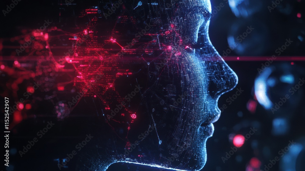 Poster futuristic portrait with digital data visualization and abstract elements