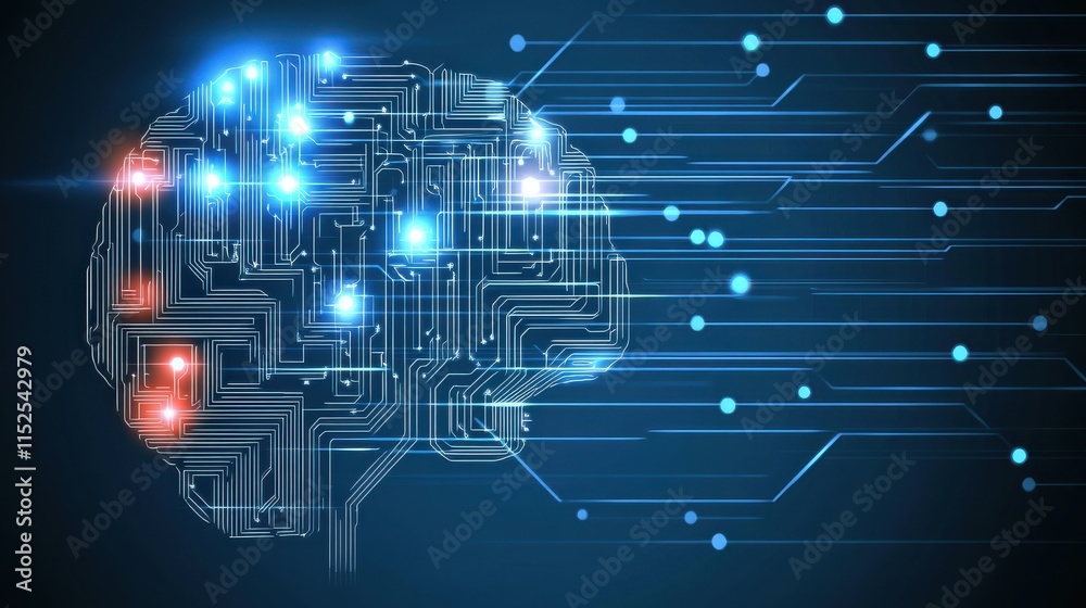 Poster digital brain technology concept with circuit patterns and lights