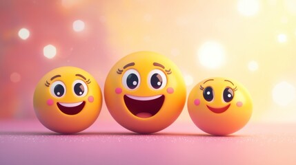 Happy Emoji Family on Pink Bokeh Background - Cute 3D Render