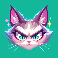 Fototapeta premium Bright-eyed, fierce cartoon cat illustration with a purple tone, great for creative media designs.