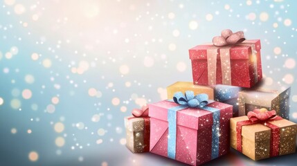 Obraz premium Sparkling Gift Boxes Pile, Festive Holiday Presents, Winter Wonderland, Light Blue Background, Copy Space